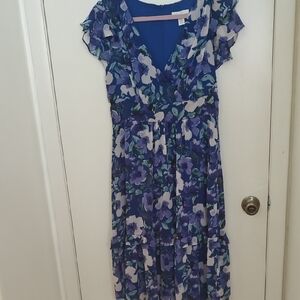 London Times Blue and Purple Flutter Sleeve Midi Dress